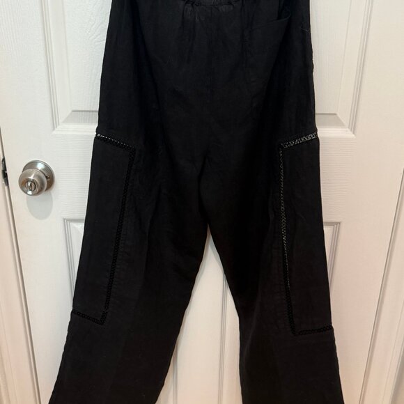 STAUD MACKENZIE BLACK WIDE LEG LINEN PANTS WITH LACE ACCENTS - Picture 11 of 14